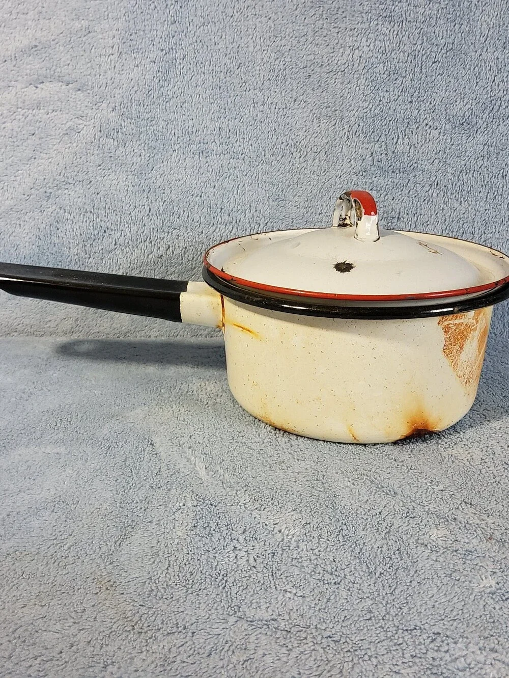 Vintage Enamelware Saucepan Pot With Lid White Black Red Trim Farmhouse Decor